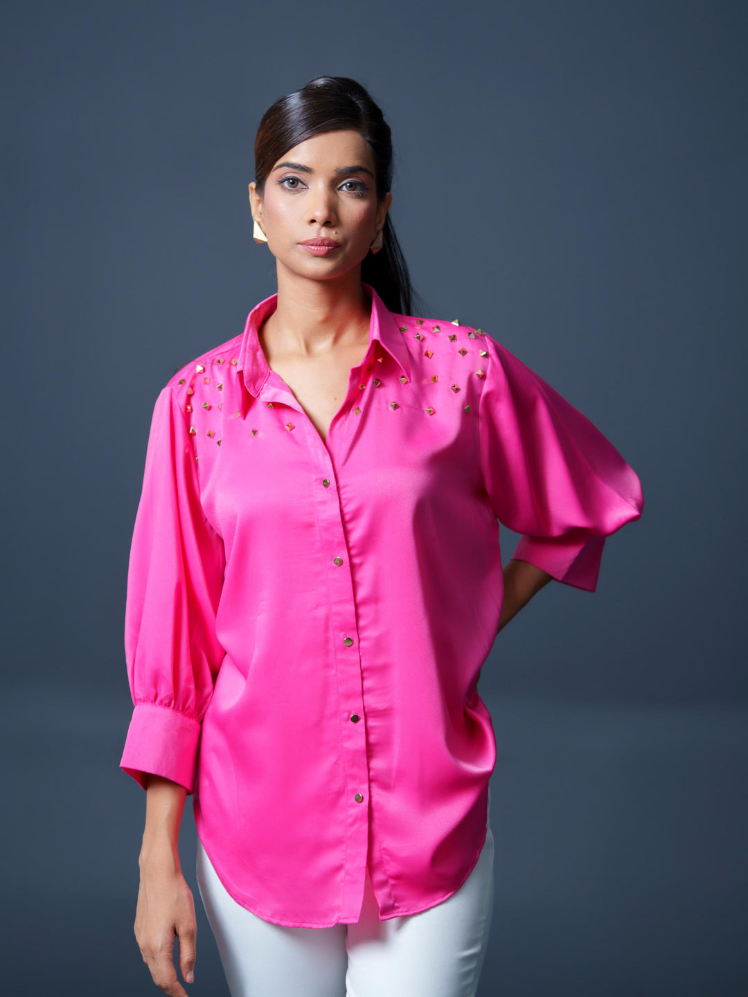 Riveted Premium Satin Shirt with Rivets on Shoulder