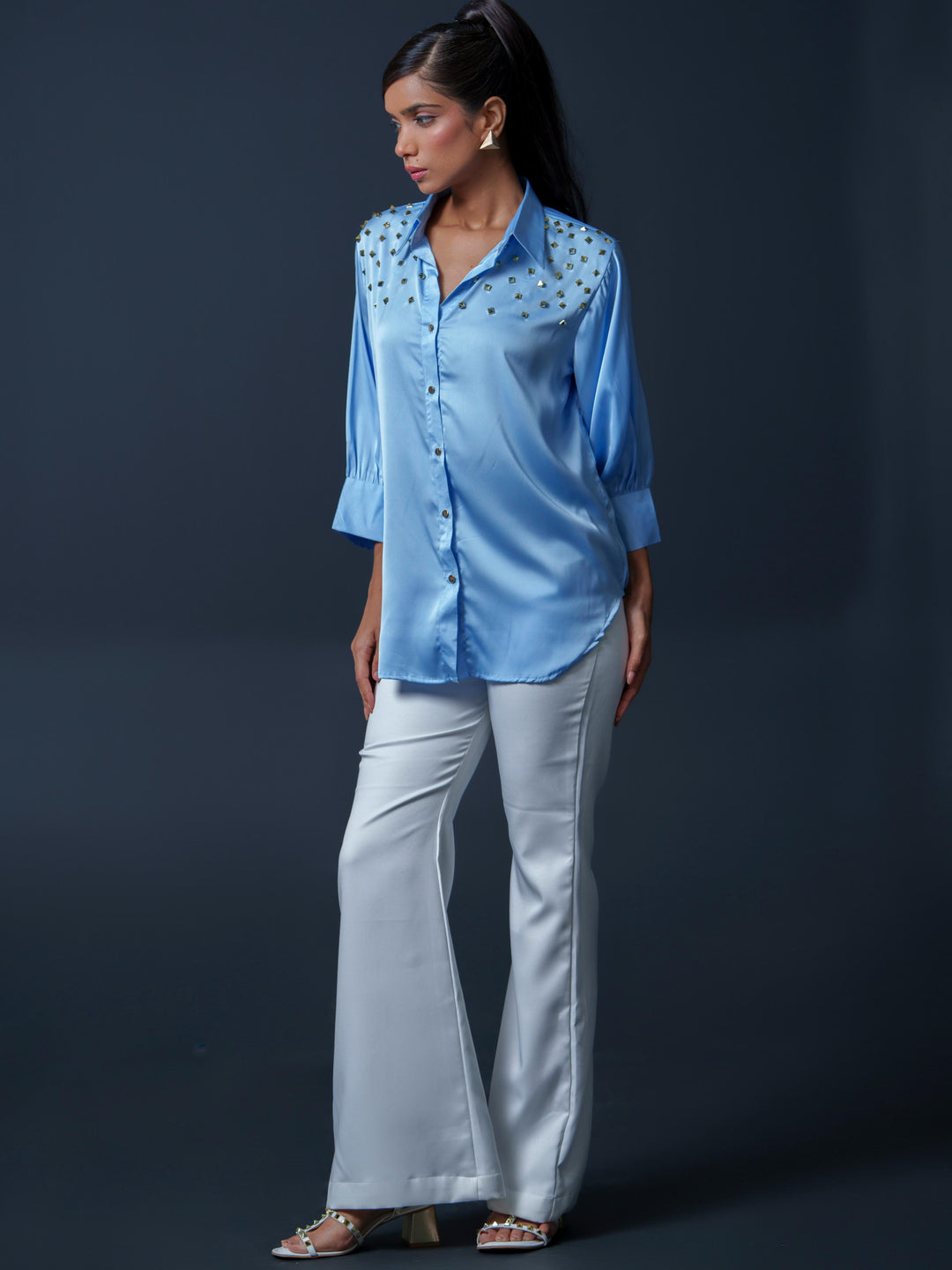 Riveted Premium Satin Shirt with Rivets on Shoulder
