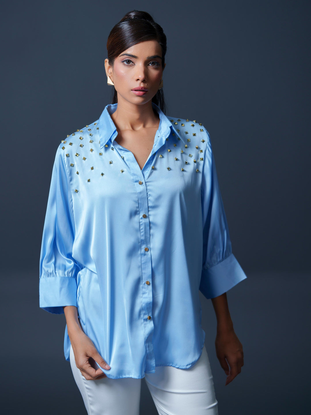 Riveted Premium Satin Shirt with Rivets on Shoulder