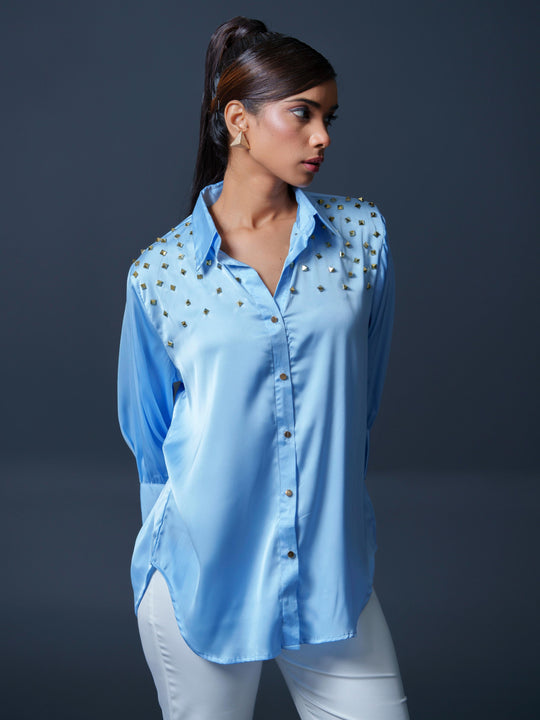 Riveted Premium Satin Shirt with Rivets on Shoulder