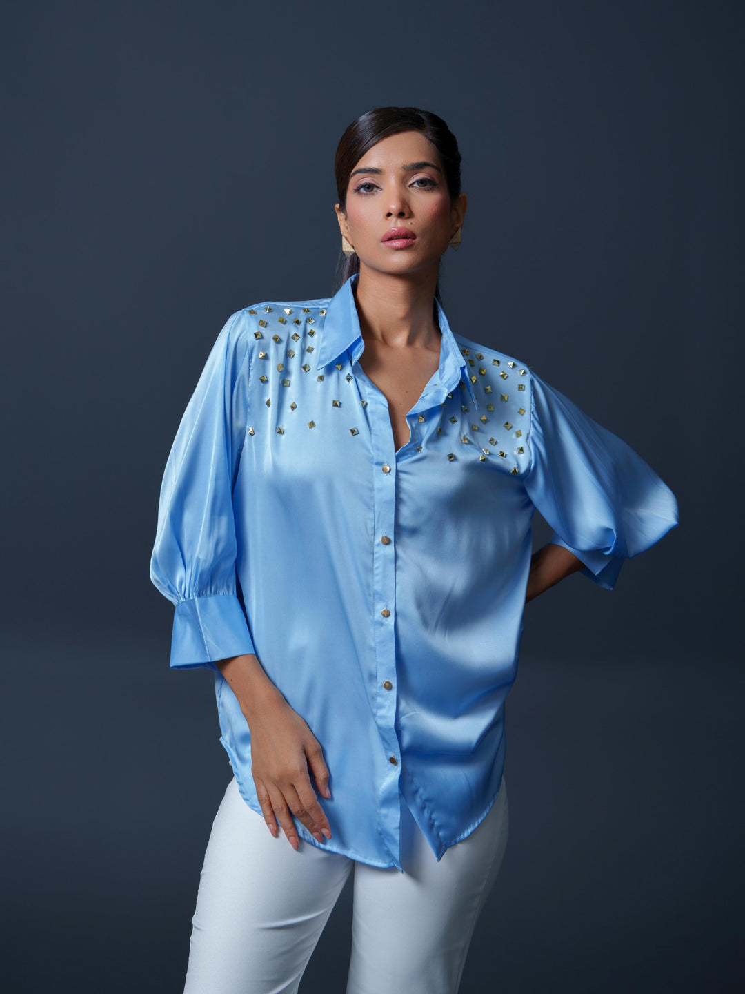 Riveted Premium Satin Shirt with Rivets on Shoulder