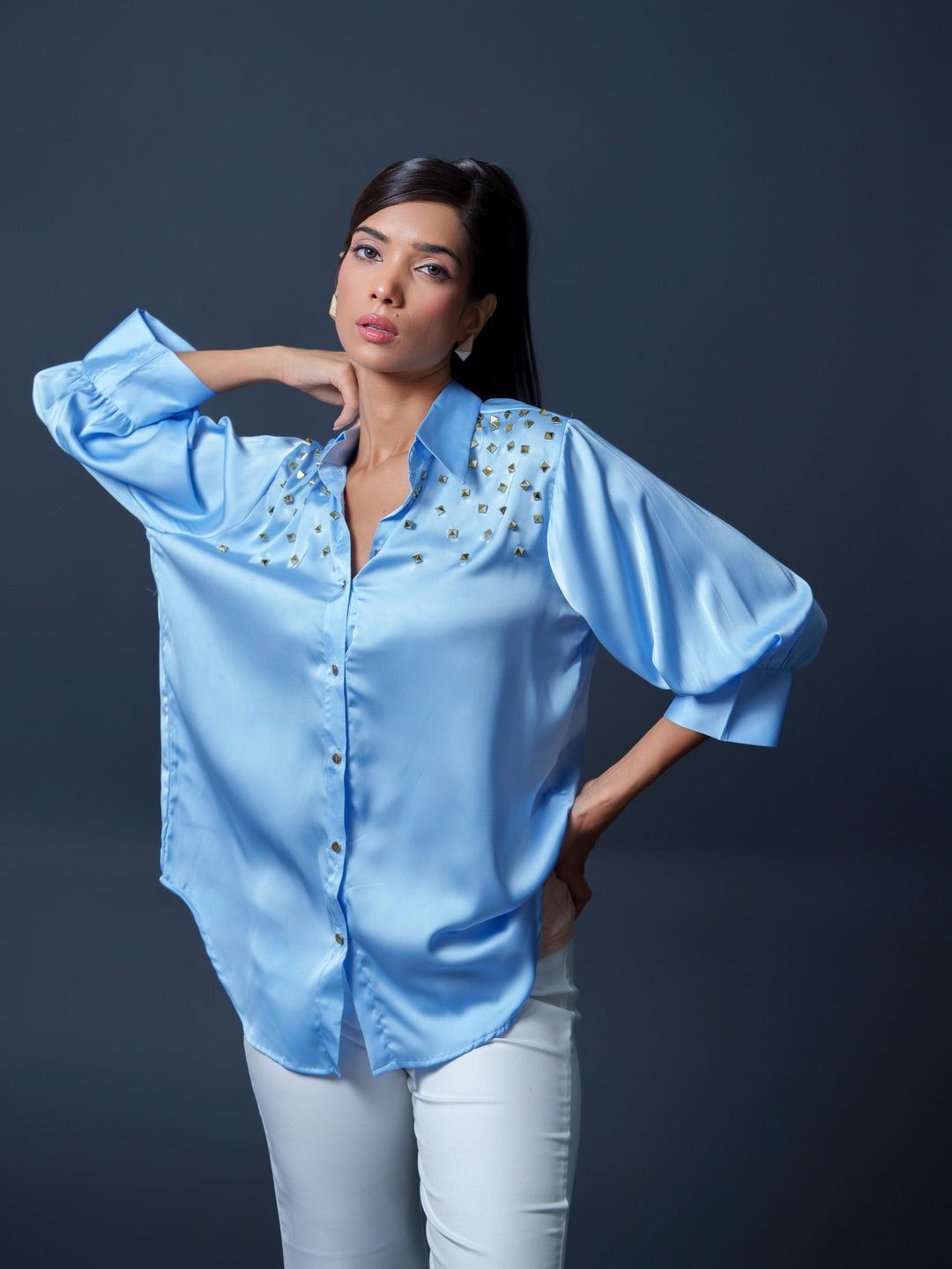 Riveted Premium Satin Shirt with Rivets on Shoulder