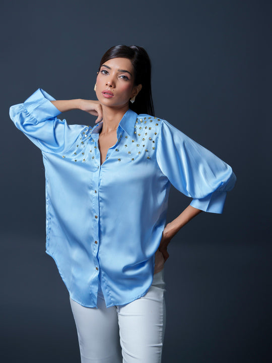 Riveted Premium Satin Shirt with Rivets on Shoulder