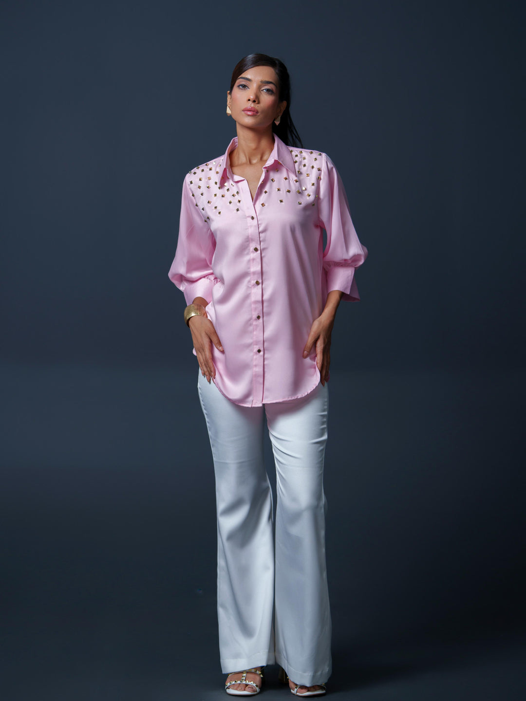 Riveted Premium Satin Shirt with Rivets on Shoulder
