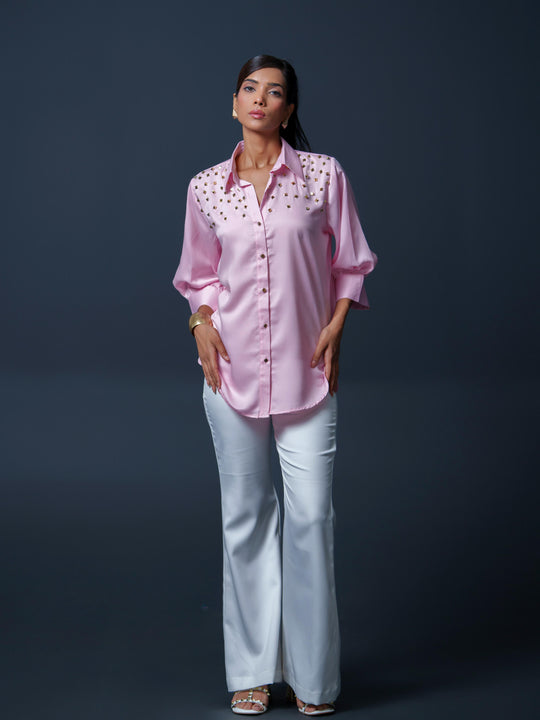 Riveted Premium Satin Shirt with Rivets on Shoulder