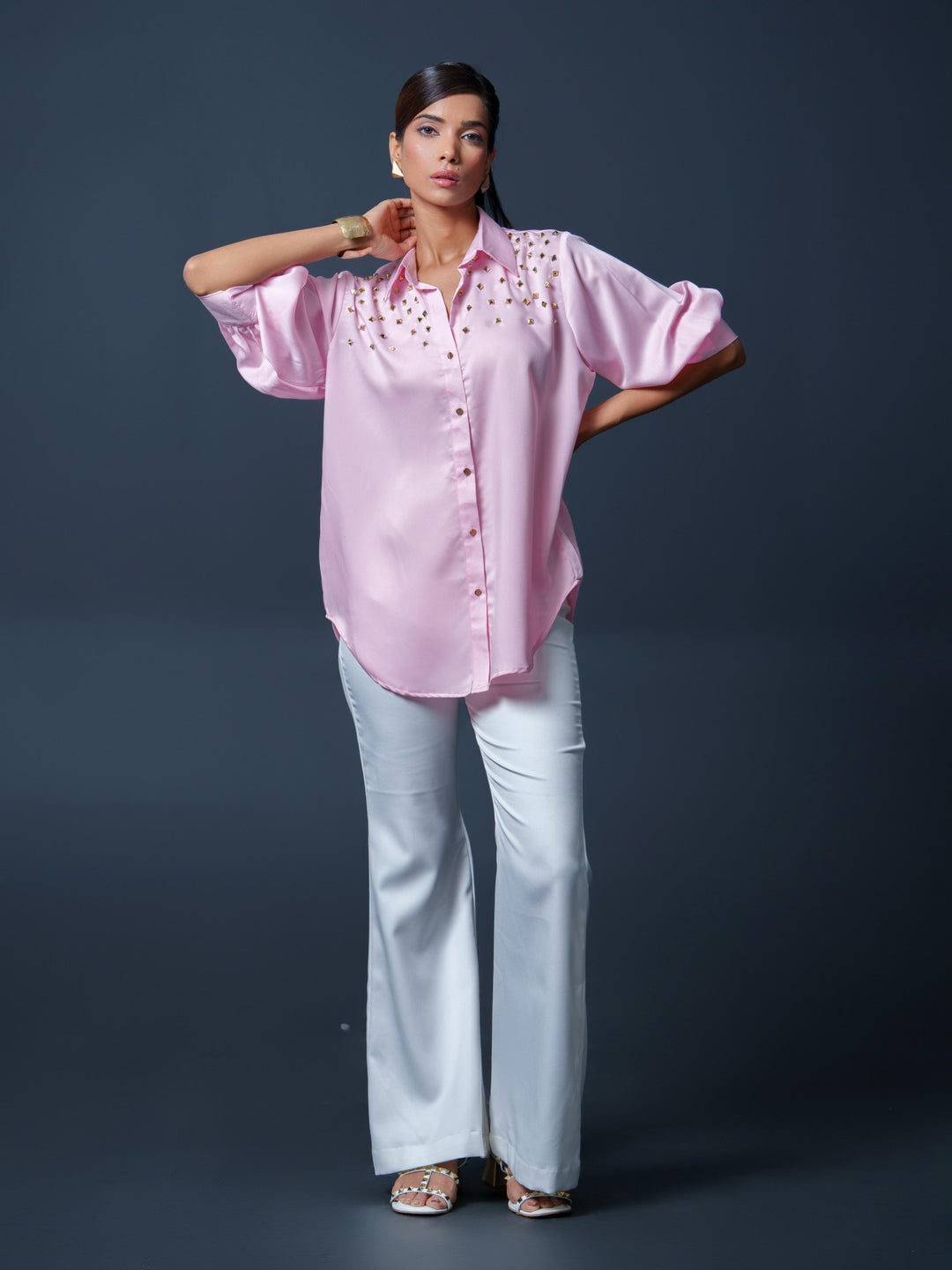 Riveted Premium Satin Shirt with Rivets on Shoulder