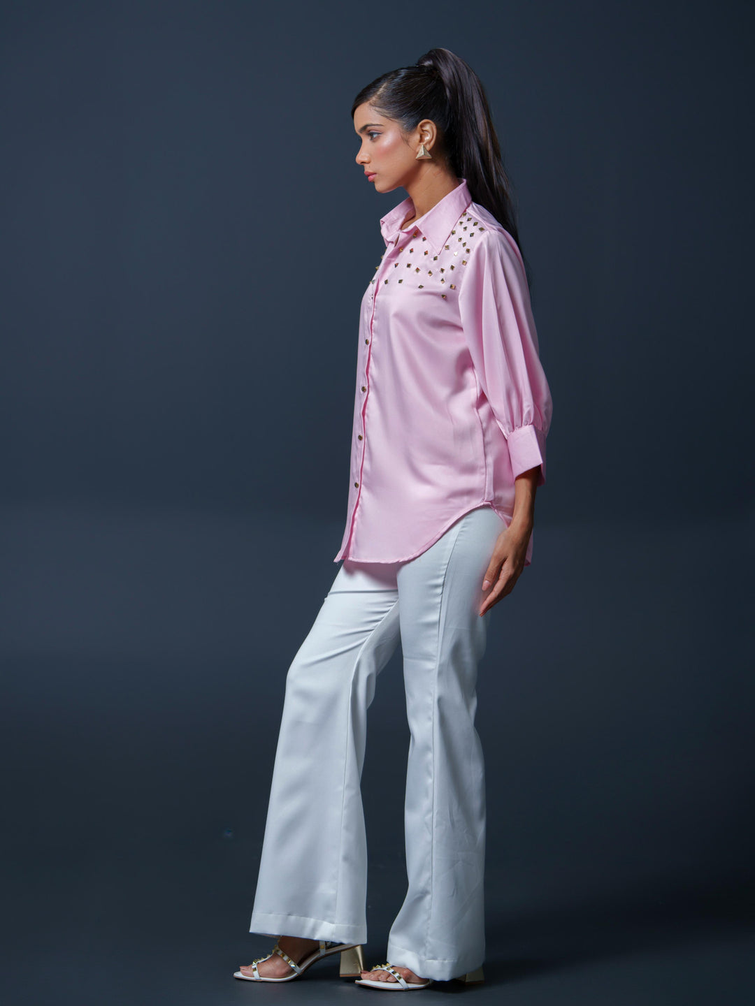 Riveted Premium Satin Shirt with Rivets on Shoulder