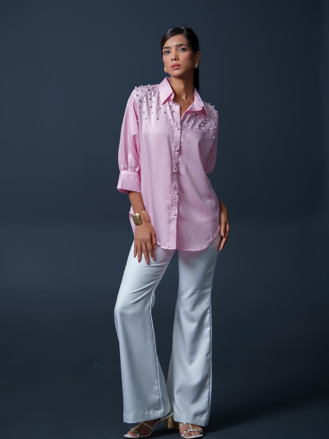 Pearled- Premium Satin Shirt with Pearl Detailing On Shoulders