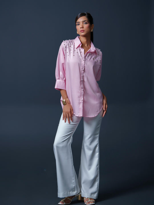 Pearled- Premium Satin Shirt with Pearl Detailing On Shoulders