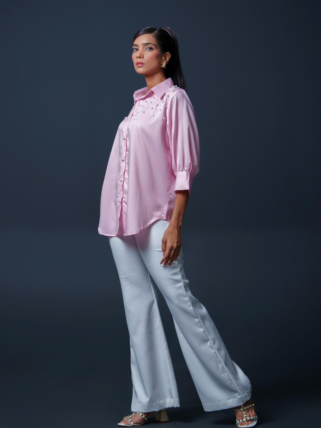 Pearled- Premium Satin Shirt with Pearl Detailing On Shoulders
