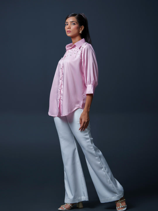 Pearled- Premium Satin Shirt with Pearl Detailing On Shoulders