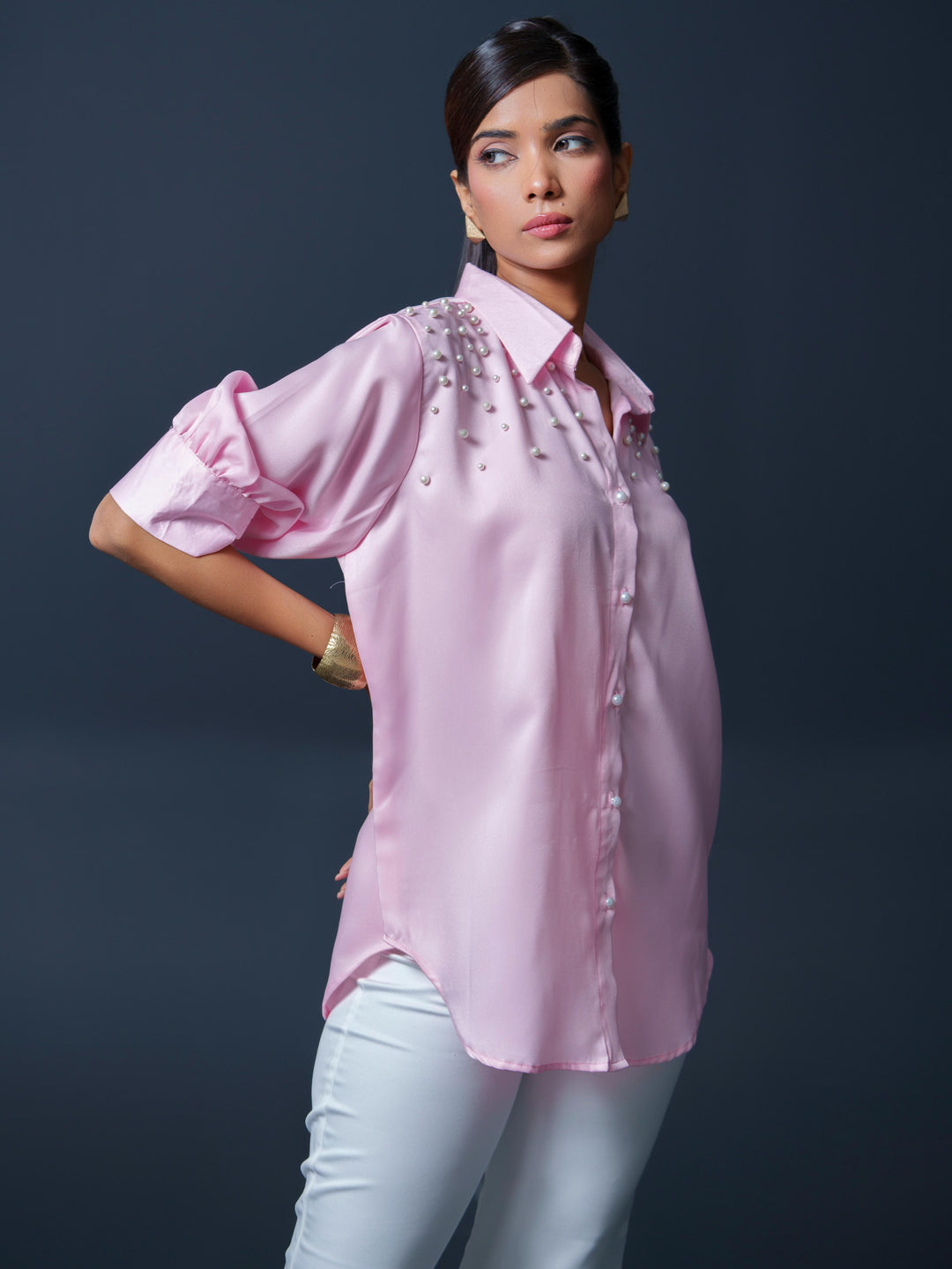 Pearled- Premium Satin Shirt with Pearl Detailing On Shoulders