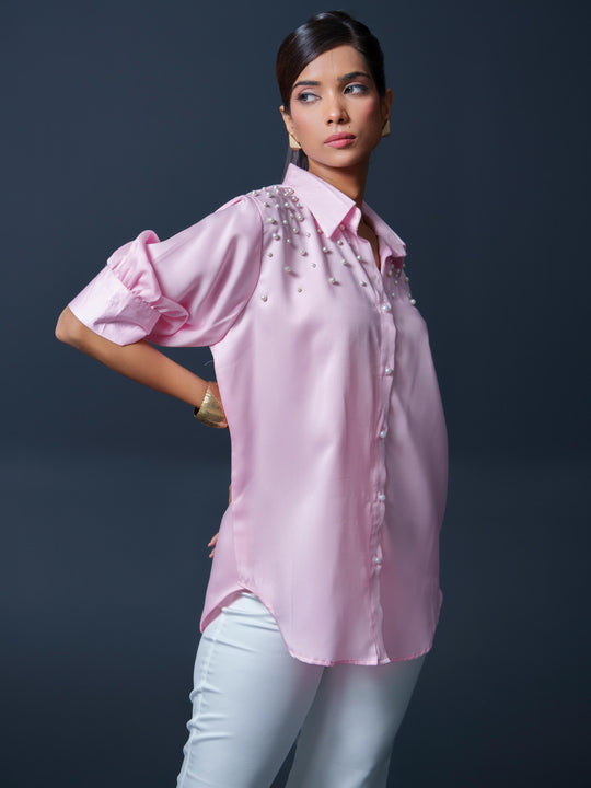 Pearled- Premium Satin Shirt with Pearl Detailing On Shoulders