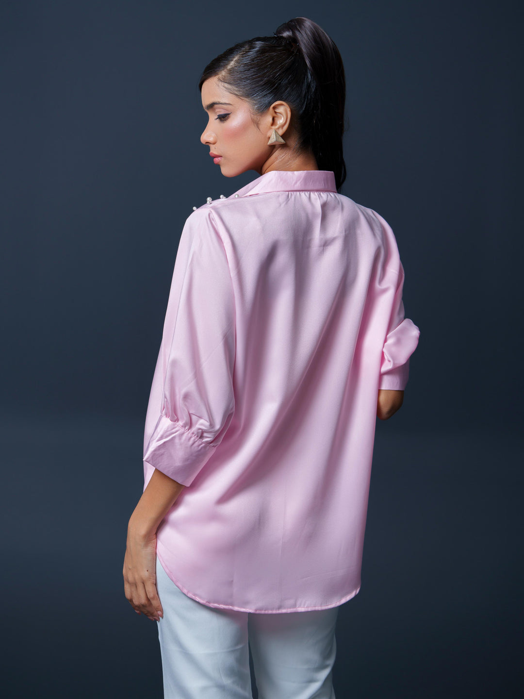 Pearled- Premium Satin Shirt with Pearl Detailing On Shoulders