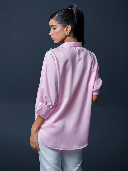 Pearled- Premium Satin Shirt with Pearl Detailing On Shoulders