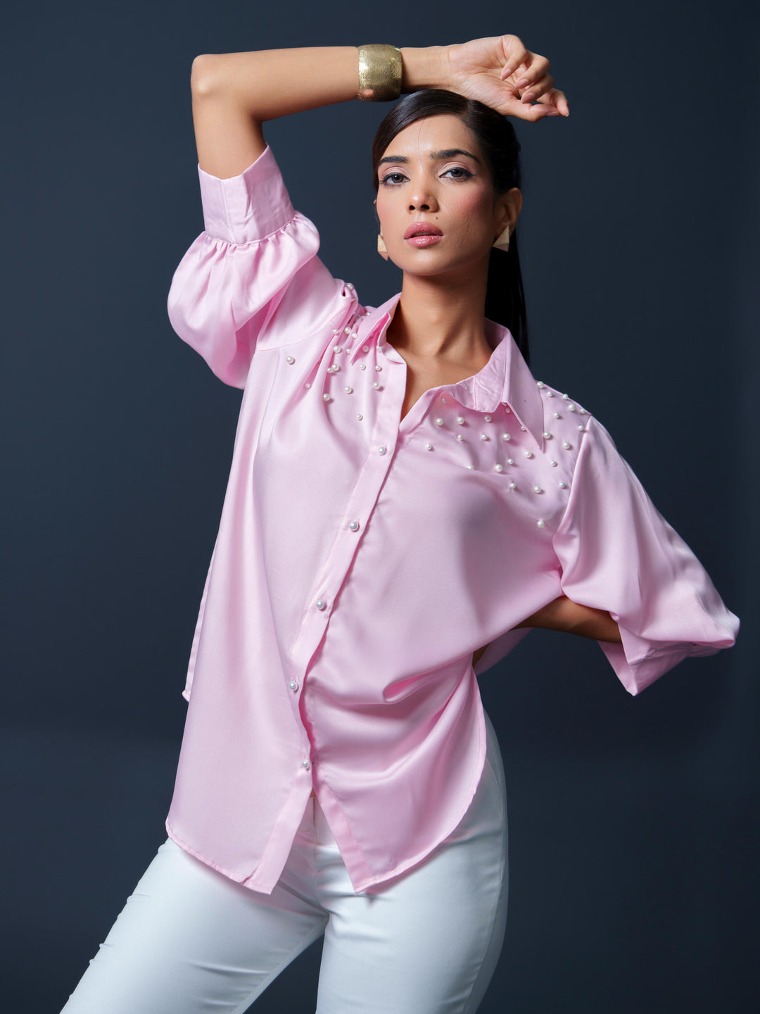 Pearled- Premium Satin Shirt with Pearl Detailing On Shoulders