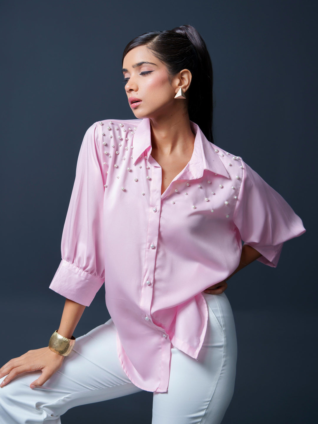 Pearled- Premium Satin Shirt with Pearl Detailing On Shoulders