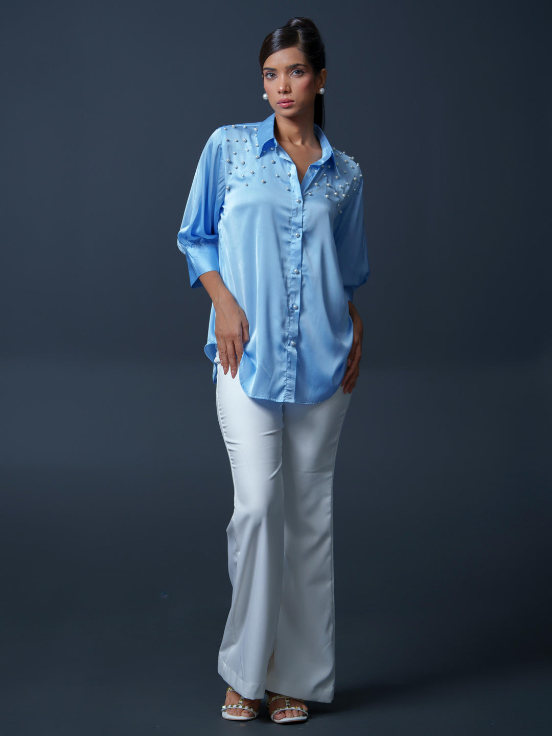 Pearled- Premium Satin Shirt with Pearl Detailing On Shoulders
