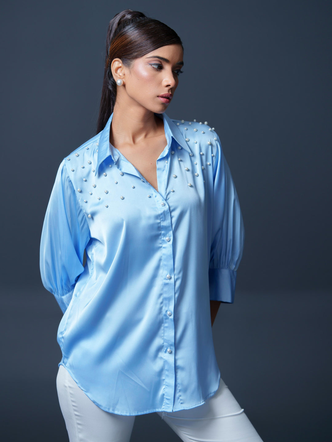 Pearled- Premium Satin Shirt with Pearl Detailing On Shoulders