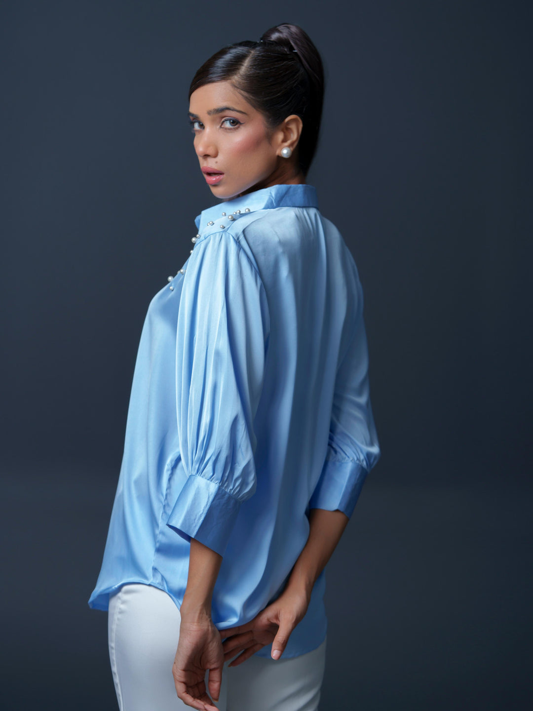 Pearled- Premium Satin Shirt with Pearl Detailing On Shoulders