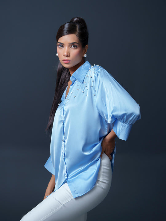 Pearled- Premium Satin Shirt with Pearl Detailing On Shoulders