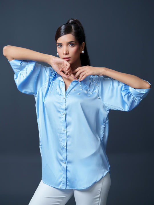 Pearled- Premium Satin Shirt with Pearl Detailing On Shoulders