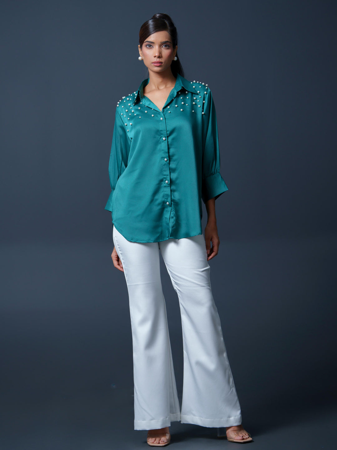 Pearled- Premium Satin Shirt with Pearl Detailing On Shoulders