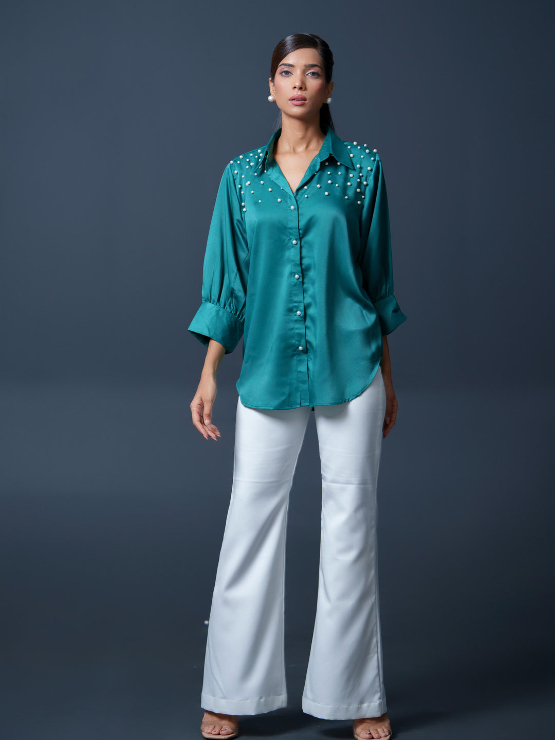 Pearled- Premium Satin Shirt with Pearl Detailing On Shoulders