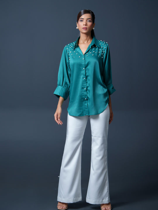 Pearled- Premium Satin Shirt with Pearl Detailing On Shoulders