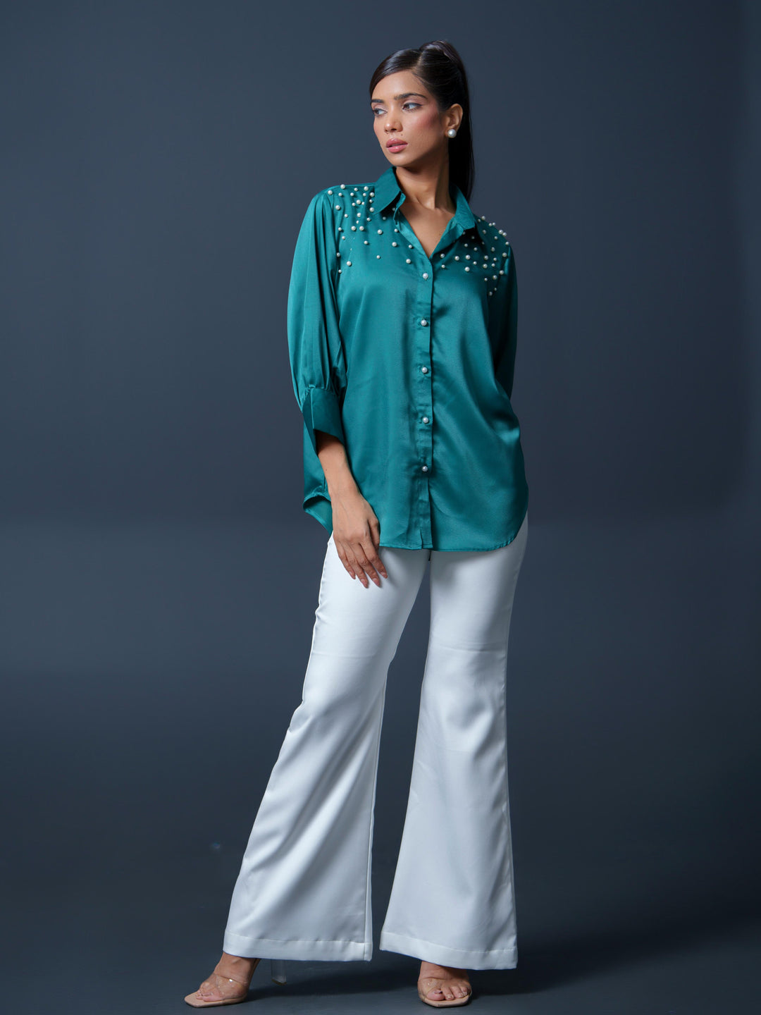 Pearled- Premium Satin Shirt with Pearl Detailing On Shoulders