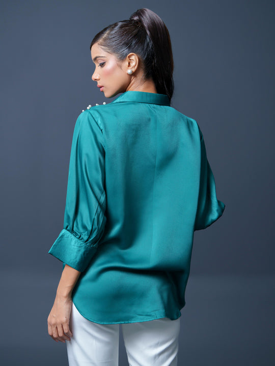 Pearled- Premium Satin Shirt with Pearl Detailing On Shoulders