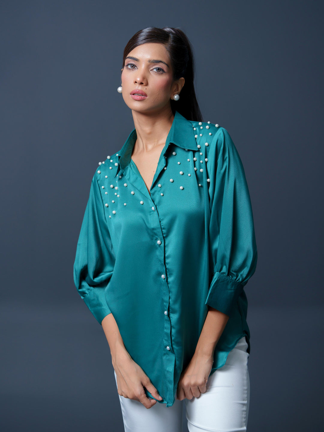 Pearled- Premium Satin Shirt with Pearl Detailing On Shoulders