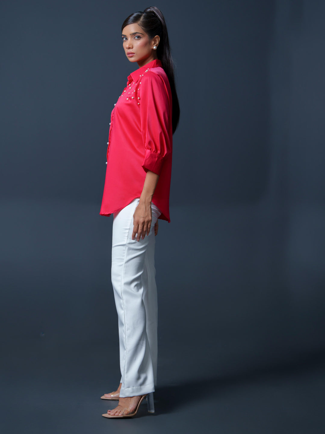 Pearled- Premium Satin Shirt with Pearl Detailing On Shoulders