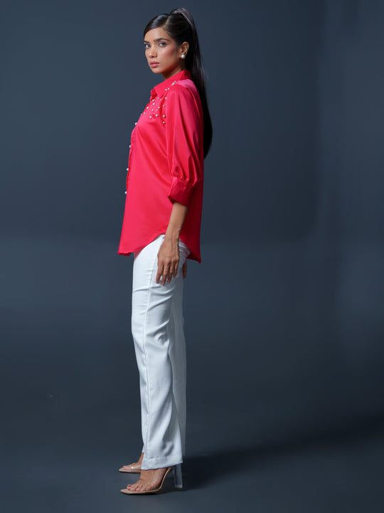 Pearled- Premium Satin Shirt with Pearl Detailing On Shoulders