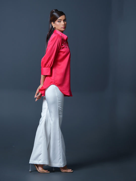 Pearled- Premium Satin Shirt with Pearl Detailing On Shoulders