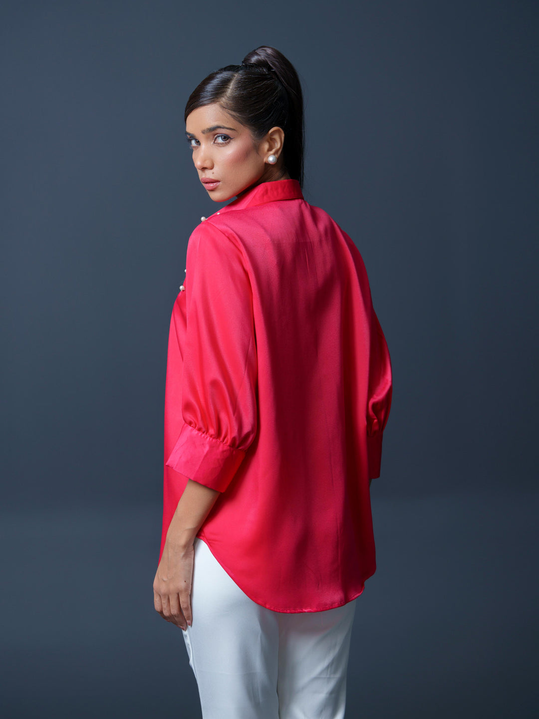 Pearled- Premium Satin Shirt with Pearl Detailing On Shoulders