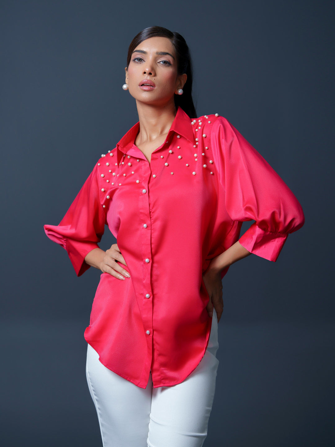 Pearled- Premium Satin Shirt with Pearl Detailing On Shoulders