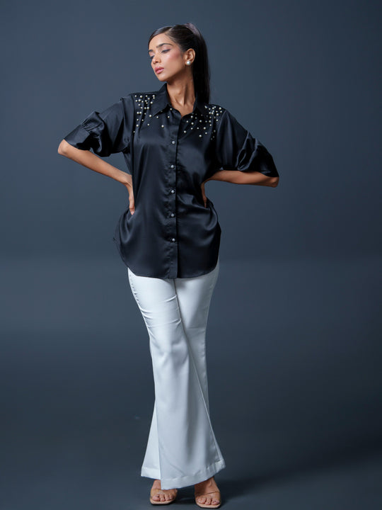 Pearled- Premium Satin Shirt with Pearl Detailing On Shoulders