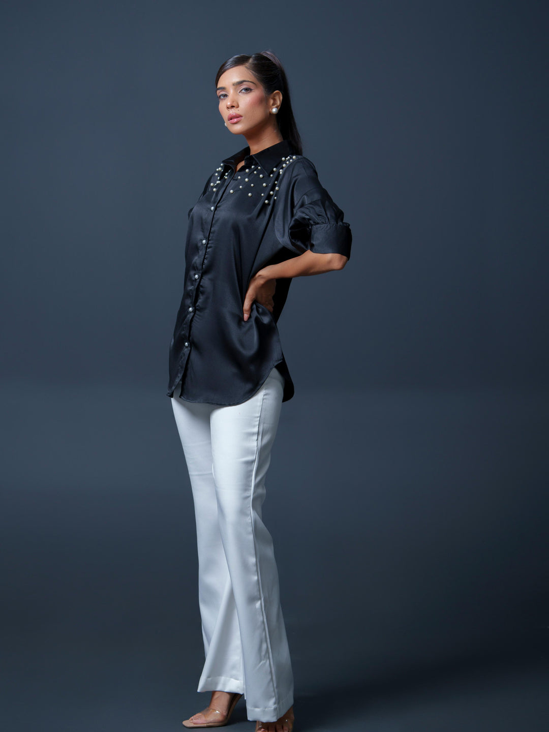 Pearled- Premium Satin Shirt with Pearl Detailing On Shoulders