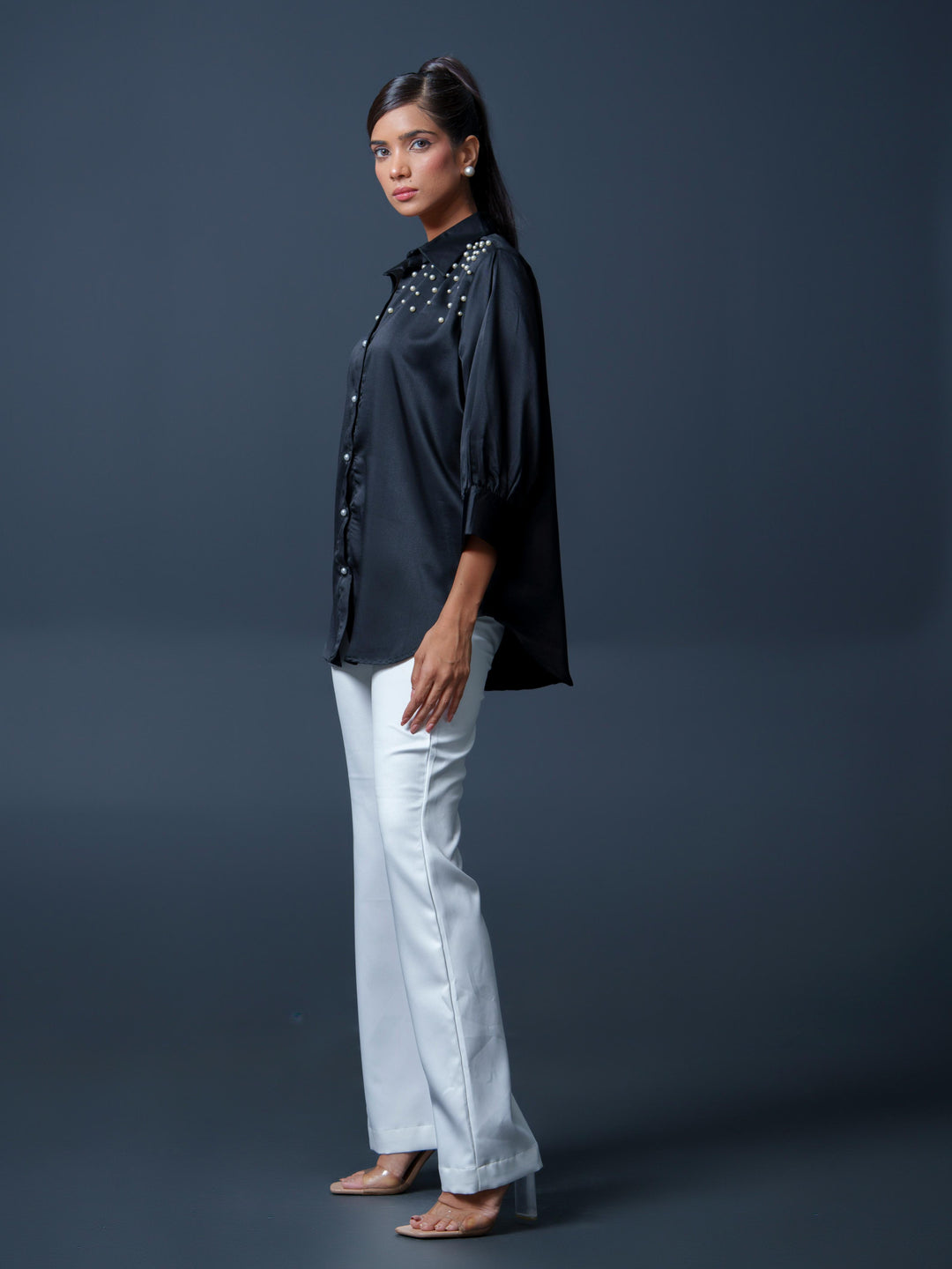 Pearled- Premium Satin Shirt with Pearl Detailing On Shoulders