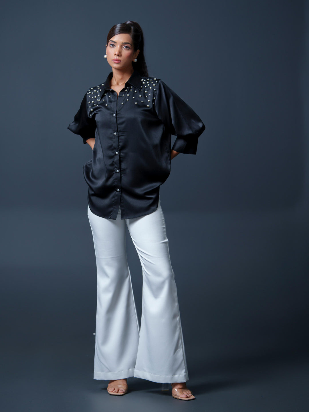 Pearled- Premium Satin Shirt with Pearl Detailing On Shoulders