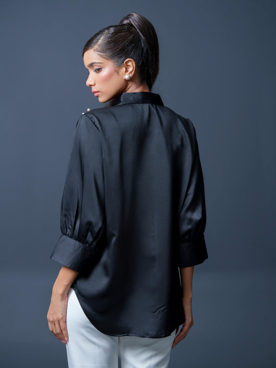 Pearled- Premium Satin Shirt with Pearl Detailing On Shoulders