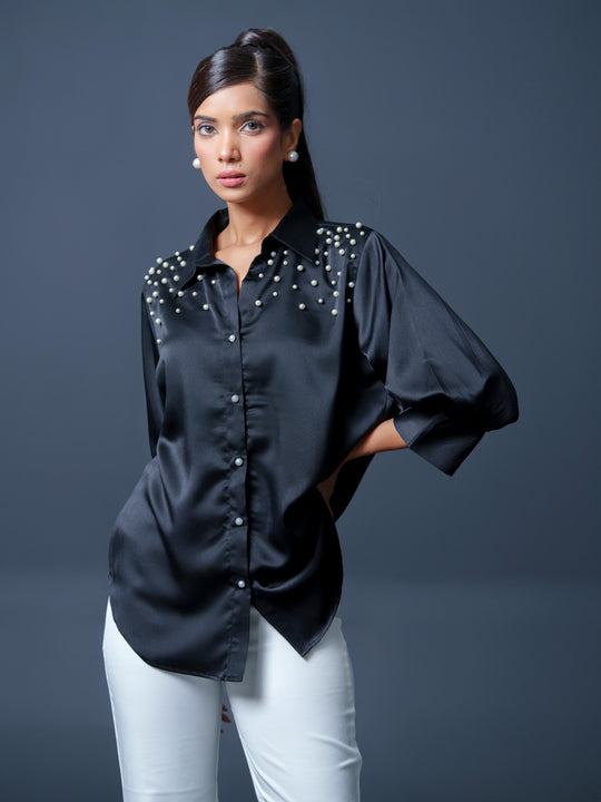 Pearled- Premium Satin Shirt with Pearl Detailing On Shoulders