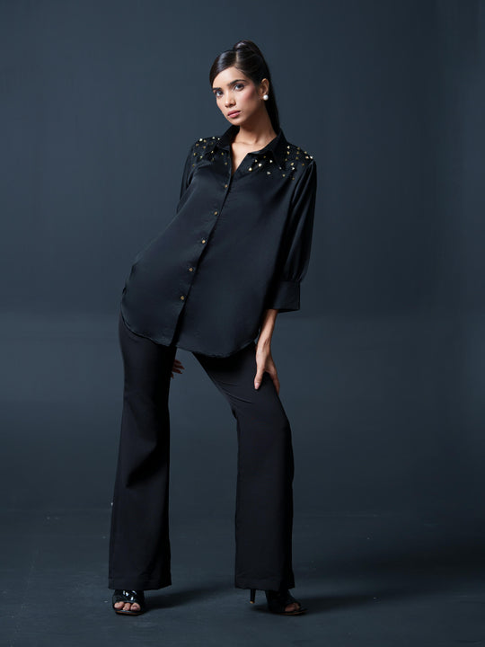 Riveted Premium Satin Shirt with Rivets on Shoulder