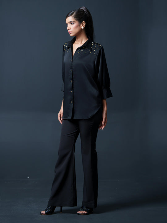 Riveted Premium Satin Shirt with Rivets on Shoulder