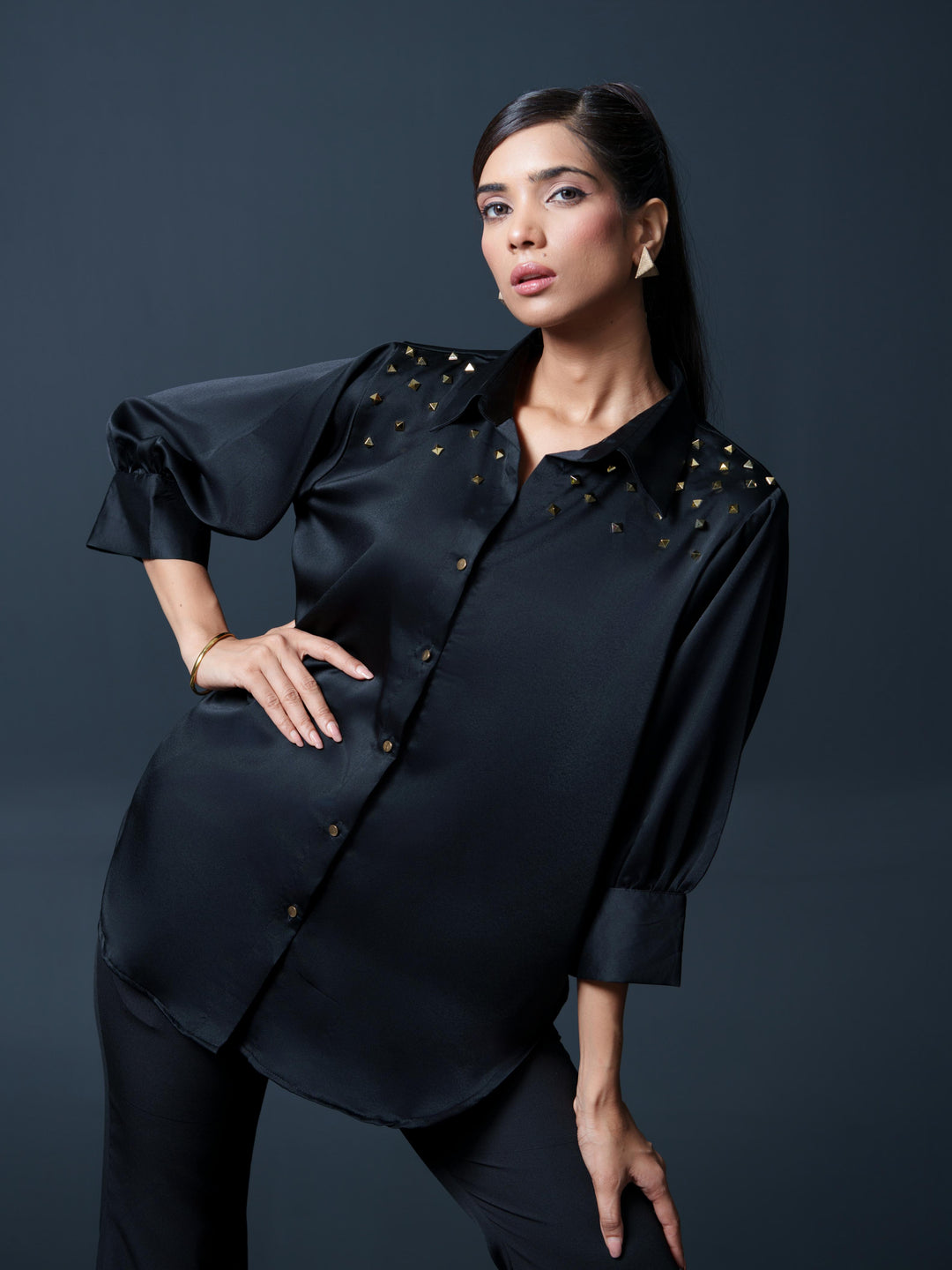 Riveted Premium Satin Shirt with Rivets on Shoulder
