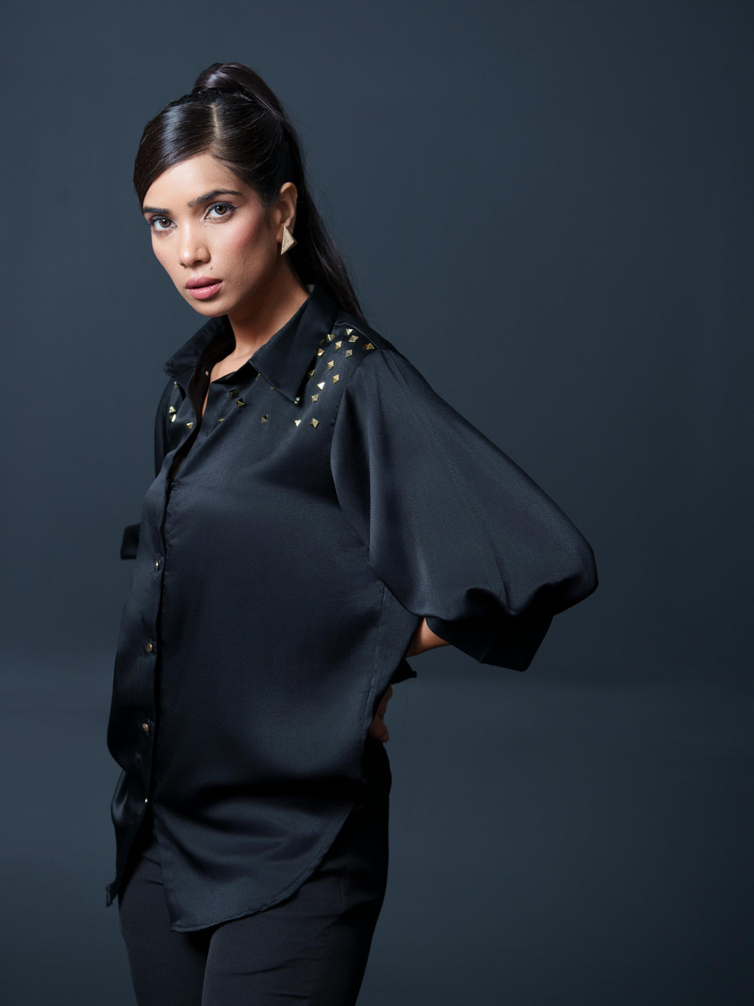 Riveted Premium Satin Shirt with Rivets on Shoulder