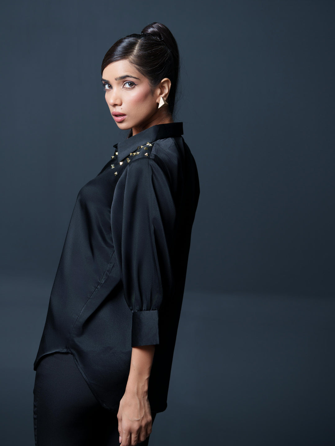 Riveted Premium Satin Shirt with Rivets on Shoulder