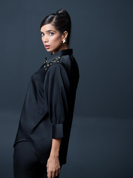 Riveted Premium Satin Shirt with Rivets on Shoulder