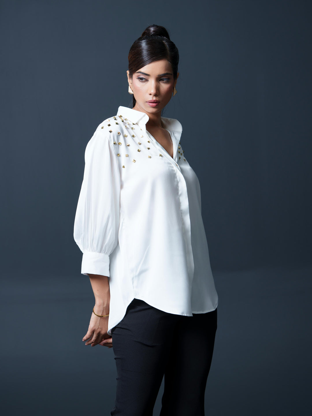 Riveted Premium Satin Shirt with Rivets on Shoulder
